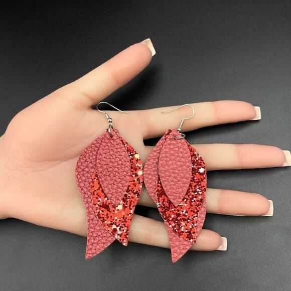 Red Faux Leather with Sequin Layered Leaf 316L Stainless Steel Hook Earrings - Picture 10 of 10